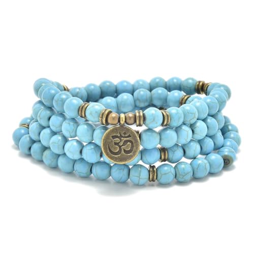 108 Natural Stone Mala Beads Yoga Jewelry Meditation Bracelet Necklace with om Charm - style: Green Turquoise
