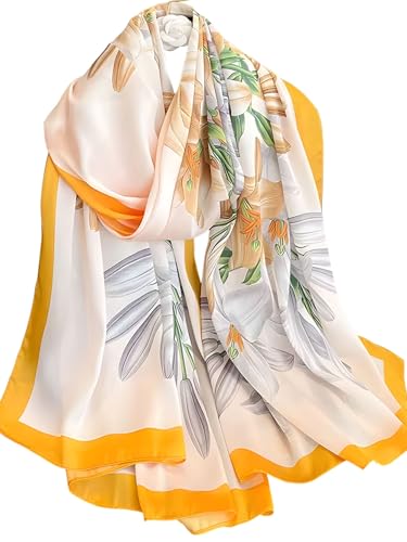Large Shawl Scarf For Women Lightweight Wraps Silky Headscarf Long Sunscreen Scarfs - color: T10 Yellow Lilies / 70"x 35"