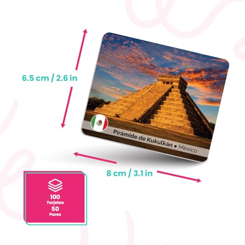 Menique Explore the World Memory Matching Game – Spanish Edition – 100 Cards (50 Pairs) with Iconic Landmarks, Country & Flag – Educational Geography Game in Spanish. - style: (ES) Explora el Mundo