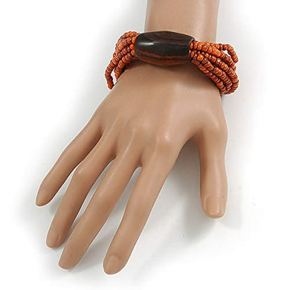 Avalaya Multistrand Dusty Orange Glass Bead with Brown Wooden Bead Flex Bracelet - Medium