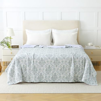 Viviland Cotton Muslin Blanket Reversible Fleece Blanket Lightweight Breathable Gauze King Size 108 x 90 Inches, Green Narcissus - color: Green Narcissus, size: King Size (90 X 108 Inches)