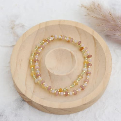 Gold Beaded Gemstone Bracelets for Women, Boho Handmade Stackable Natural Stone Labradorite Beads Bracelet Prom Jewelry Gift. - color: Beige Tan