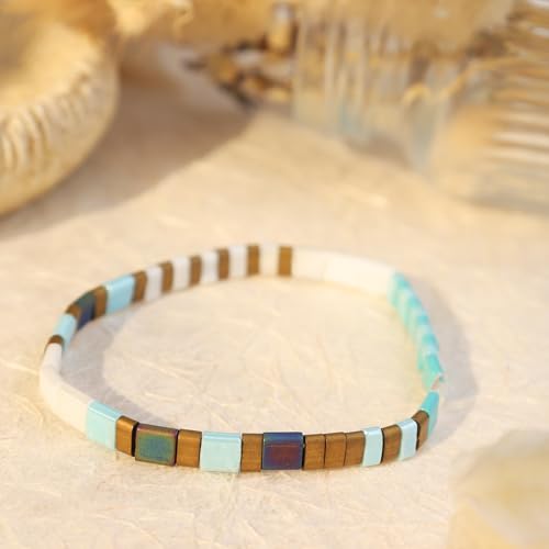 Tila Flat Beaded Stretch Bracelets for Women, Trendy Unique Handmade Stackable Green Blue Square Beads Miyuk Link Bracelet Summer Jewelry Gift - color: Turquoise Blue Tan