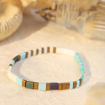 Tila Flat Beaded Stretch Bracelets for Women, Trendy Unique Handmade Stackable Green Blue Square Beads Miyuk Link Bracelet Summer Jewelry Gift - color: Turquoise Blue Tan