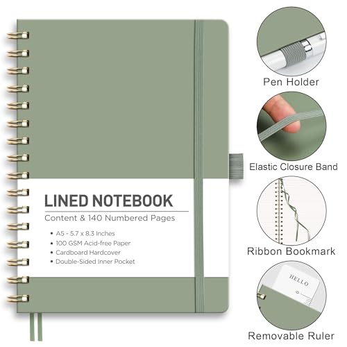 RETTACY Lined Journal Notebook, 140 Numbered Pages, A5 Medium Size (5.7'' x 8.3''), for Men & Women, Journaling, Writing, Work & Office, Spiral-bound, Hardcover, 100 GSM Thick Paper (Light Green)
