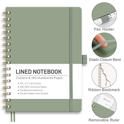RETTACY Lined Journal Notebook, 140 Numbered Pages, A5 Medium Size (5.7'' x 8.3''), for Men & Women, Journaling, Writing, Work & Office, Spiral-bound, Hardcover, 100 GSM Thick Paper (Light Green)