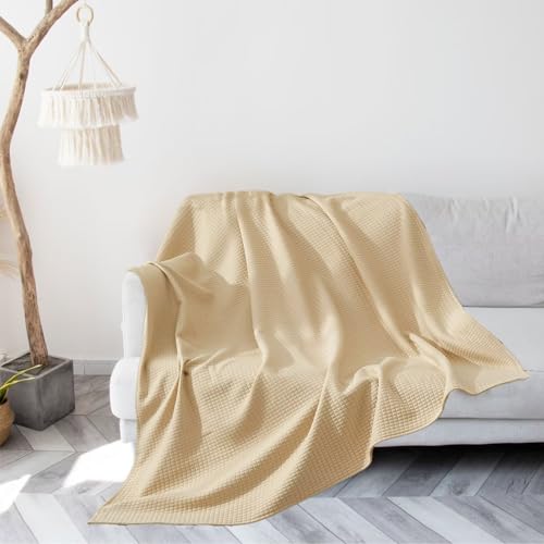 Grid Throw Blanket for Couch Sofa Bed All Seasons Lightweight Breathable Jersey Knit Blankets for Bedroom Living Room Travel Blankets Khaki Solid Textured MicrofiberBlanket 50X60Inches - color: Khaki, size: Throw (50"x60")