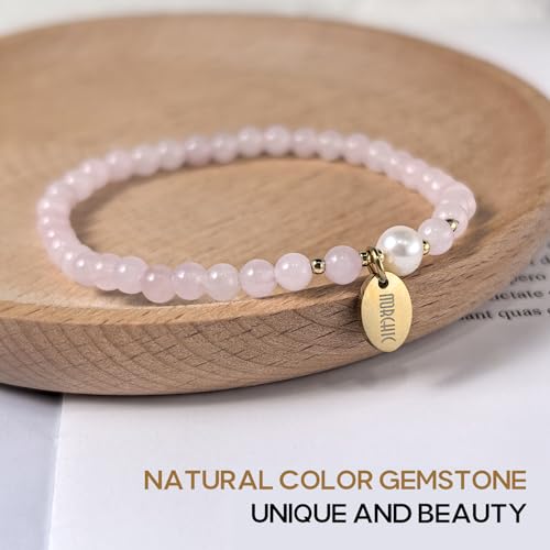 Morchic 4mm Natural Gemstone Beads Stretch Bracelet for Women, With Freshwater Pearls, Energy Gem Birthday Gift for Her 7.2” - color: Rose Quartz