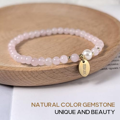 Morchic 4mm Natural Gemstone Beads Stretch Bracelet for Women, With Freshwater Pearls, Energy Gem Birthday Gift for Her 7.2” - color: Rose Quartz