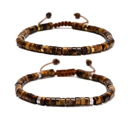 Mixed Gemstone Adjustable Braided Beaded Bracelet for Women, 2x4mm Heishi Disc Natural Healing Stone Summer Beach Jewelry, Yoga Gift for Her - color: Yellow Tiger Eye