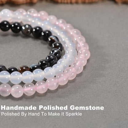 3PCS Agate Bracelet for Women Men Natural Round Beaded Agates Stone Healing Stretch Bracelets Elastic Handmade Polished Gemstone Beads Bracelet - color: White+Pink+Black White