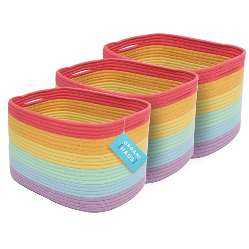 OrganiHaus Rainbow Cotton Rope Baskets for Shelves, Set of 3 - 15"×10"×9½" - Colorful Storage Baskets for Kids - Nursery, Playroom, Classroom - Toy Storage, Books, Towels - color: Rainbow