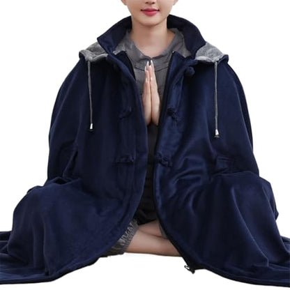 Women Men Meditation Hooded Cloak Double Layer Plush Thickened Coat Comfortable Warm Prayer Robe - color: Blue, size: XX-Large