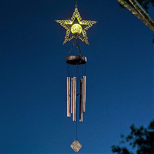 Solar Wind Chimes, Star Wind Chime Crackle Glass Ball Warm LED Light, Outside Hanging Outdoor Decor with Metal Tubes Unique Memorial Sympathy Gift for Wife Mom Grandma