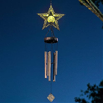 Solar Wind Chimes, Star Wind Chime Crackle Glass Ball Warm LED Light, Outside Hanging Outdoor Decor with Metal Tubes Unique Memorial Sympathy Gift for Wife Mom Grandma