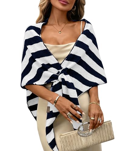 Womens Knitted Shawl Wraps Casual Solid Color Cape Scarf Comfortable Triangle Pashmina Shoulder Sweater - color: Stripes Navy Blue