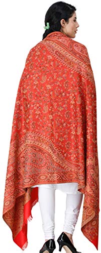Exotic India Reversible Jamawar Shawl with Woven Paisleys - Wool - color: Grenadine