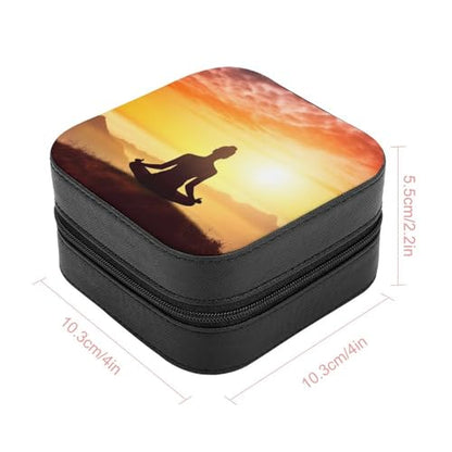Portable Travel Jewelry Case Yoga Meditation Printed Small Trinket Box PU Leather Mini Earrings Storage Holder Rings Organizer for Women Necklace Bracelets