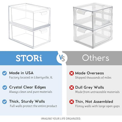 STORi Audrey Stackable Clear Bin Plastic Organizer Drawers | 2 Piece Set | Organize Cosmetics and Beauty Supplies on a Vanity | Made in USA - size: 4.5" Tall Set