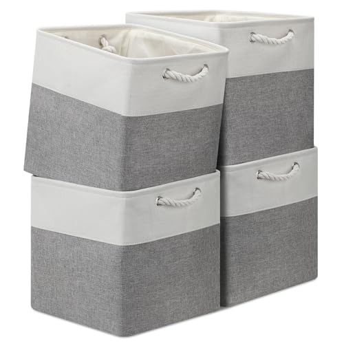 13x13 Storage Cube Bins 4Pack,Collapsible Cube Storage Organizer for Closet, Fabric Storage Box w/ Rope Handles, Foldable Storage Baskets for Shelves, Clothes,Closet Organization - White/Gray - color: White/Gray, size: 13×13×13/4pcs
