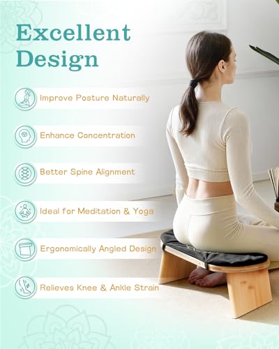 Hihealer Folding Bamboo Meditation Bench with Cushion & Carry Bag – Ergonomic Yoga and Prayer Stool for Comfort and Posture Support (Black)