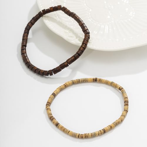 2Pcs Boho Wooden Beads Bracelets Set,Natural Stone Beaded Bracelet Set Bohemian Stackable Disc Beaded Stretch Bracelets for Men Women