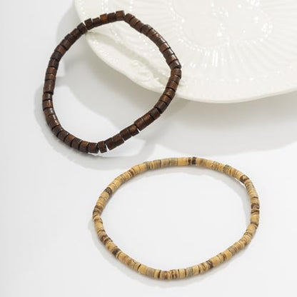 2Pcs Boho Wooden Beads Bracelets Set,Natural Stone Beaded Bracelet Set Bohemian Stackable Disc Beaded Stretch Bracelets for Men Women