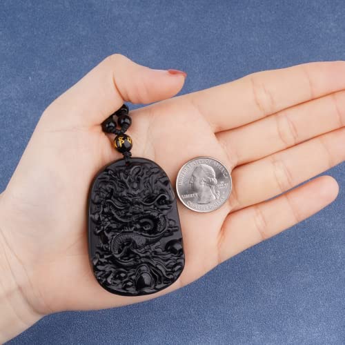 Black Obsidian Necklace Protection Pendant with Extended Bead Chain Healing Crystal Stone Amulet Necklace for Men Women - color: DragonA