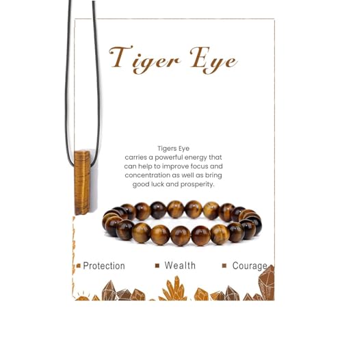 Pingyongchang Stress Relief Anxiety Yoga Bracelets Necklace Set,Healing Crystal Stone Mantra Bracelets for Women Natural Crystal Stone birthday Gifts For Teen Girls Black Leather Necklace for Men - color: Tiger Eye