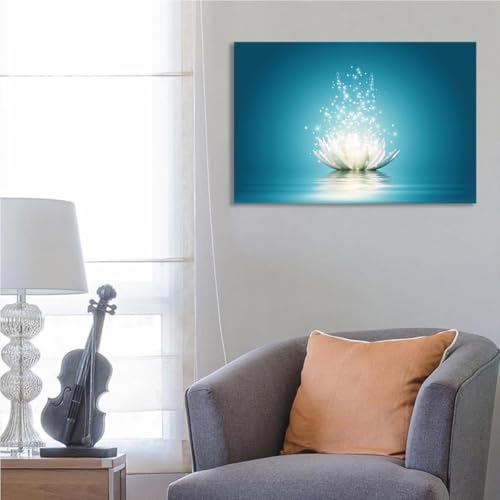 Lotus Wall Art Flower Canvas Poster Lotus Bloom in Water Picture Zen Prints Teal Blue Painting Room Aesthetic for Living Room Bedroom Yoga Spa Meditation Spiritual Wall Decor 12x18 inches, Unframed