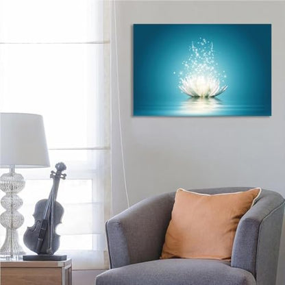 Lotus Wall Art Flower Canvas Poster Lotus Bloom in Water Picture Zen Prints Teal Blue Painting Room Aesthetic for Living Room Bedroom Yoga Spa Meditation Spiritual Wall Decor 12x18 inches, Unframed