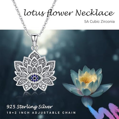 Evil Eye Necklace for Women 925 Sterling Silver, Protection Necklace with Blue Evil Eye Charm, Evil Eye/Lotus Pendant Jewelry, Birthday Christmas Gifts for Her - style: Lotus Evil Eye Necklace