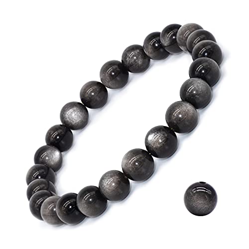 8mm Natural Gemstone Stretch Bracelet, Handmade Unisex Crystal Bracelets for Meditation, Yoga, Spiritual Healing & Positive Energy - color: Silvery Obsidian