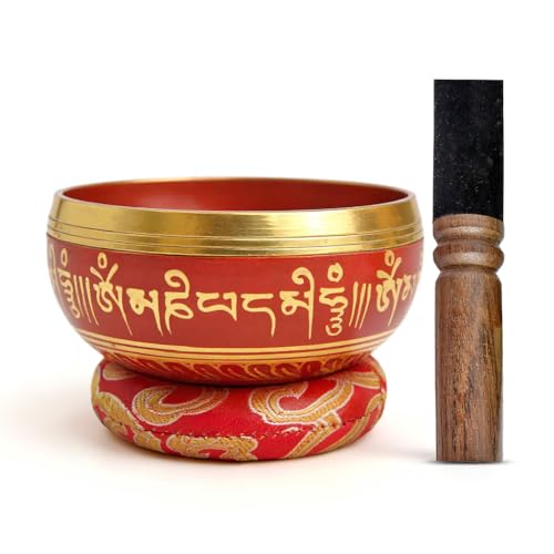 Tibetan Singing Bowl Set Brass - Master Healing Grade - Authentic Handcrafted Sound Bowl by Himalayan Bazaar - color: Red
