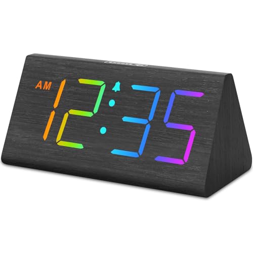 DreamSky Wooden Digital Alarm Clock for Bedroom - RGB Electric Desk Clock with Large Numbers, USB Port, Loud Alarm for Heavy Sleepers, Dimmer and Volume Control, Snooze, Wood Décor (Adapter Powered) - color: Rgb-black (Plug-in)