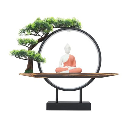 Buddha Statue with LED Circle Table Lamp Artificial Plants Fake Bonsai Tree Buddha Ceramic Statue Indoor Meditation Decoration for Home and Office,18.7 * 3.9 * 16.5in (Buddha-3)