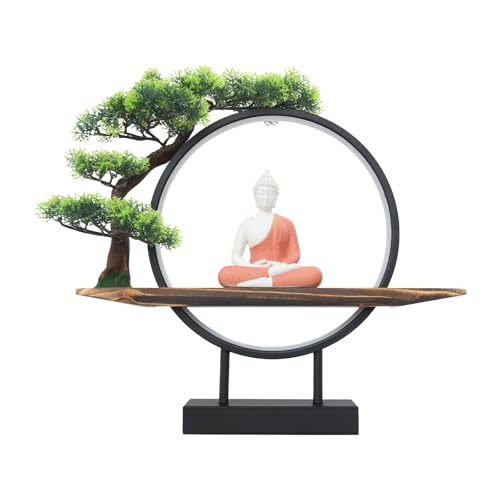Buddha Statue with LED Circle Table Lamp Artificial Plants Fake Bonsai Tree Buddha Ceramic Statue Indoor Meditation Decoration for Home and Office,18.7 * 3.9 * 16.5in (Buddha-3)