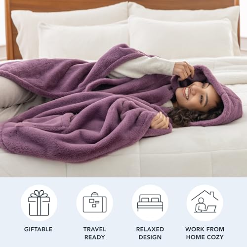 Berkshire Faux Fur Wearable Blanket, Cozy Reversible Loftmink Fleece Shawl with Hood & Side Pockets - color: Plum Smoke
