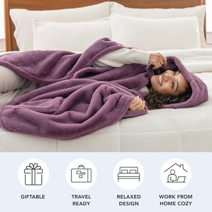 Berkshire Faux Fur Wearable Blanket, Cozy Reversible Loftmink Fleece Shawl with Hood & Side Pockets - color: Plum Smoke