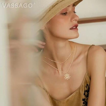 VASSAGO Buddha Lotus Necklace for Women Yoga Healing Pendant Stainless Steel Flower Necklace Buddhist Necklace Unalome Symbol Amulet Religious Jewelry - color: gold 9