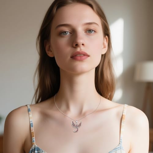 Sterling Silver Cute Animal Pendant Necklace Fox/Snake/Unicorn/Owl on Moon/Rabbit/Horse Necklace Jewelry for Women Mom Sister - style: Phoenix 2