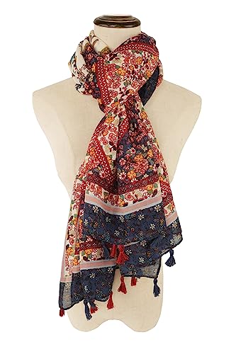 YOUR SMILE Large Boho Scarf for Women Lightweight Floral Printed Scarves Fall Winter Fashion Fringed Shawl wraps - color: 19 Wine Red Boho