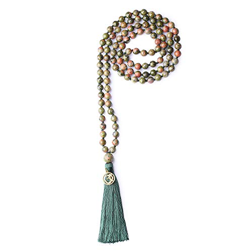 COAI OM Charm Hand Knotted Tassel 108 Mala Beads Necklace - color: Faceted Unakite, size: 8mm