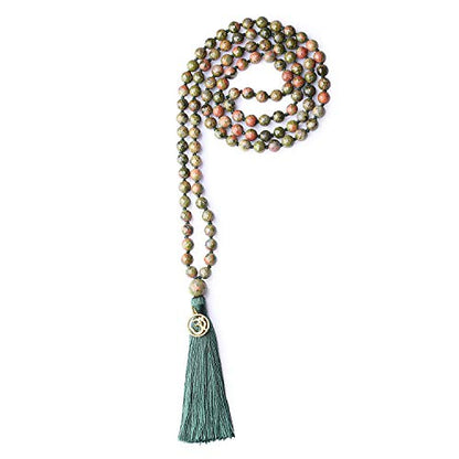 COAI OM Charm Hand Knotted Tassel 108 Mala Beads Necklace - color: Faceted Unakite, size: 8mm