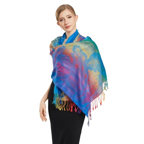 Rave Pashmina Scarf, Fashion Colorful Shawls and Wraps Soft Festival Scarves - color: B-royal Blue (Feather Pattern)