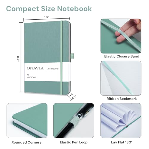 ONAVIA A5 Hardcover Notebook Journal, College Ruled Lined Notebook for Work, Office Meetings, Journaling, Planning & Daily Writing, 160 Pages (80 Sheets), 5.8 x 8.3 in, Midnight Green - color: Midnight Green