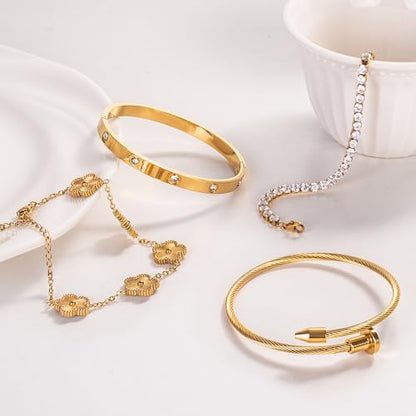 18K Gold Plated Bangle Bracelet Set for Women Stackable Lucky Floral Adjustable Tennis Bracelet Non Tarnish Gift Jewelry for Christmas Valentines Birthday Mother's Day - color: Gold