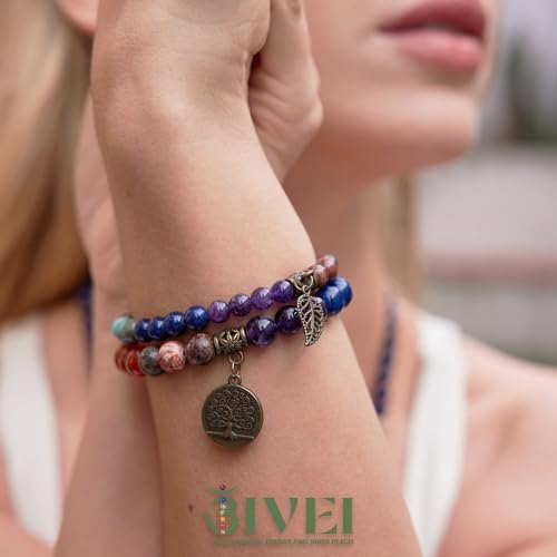 Bivei Natural Semi Precious Gemstone beads bracelet for women - Life Tree and Leaf Charm Energy Reiki Crystal Stretch Bracelets - color: # 7 chakras bracelet set- Bronze, size: Large:7.87-8.26inch