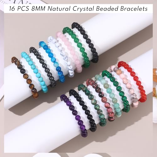 16 PCS Healing Crystal Bracelet for Women Men 8mm Natural Stone Beaded Bracelets Round Gemstones Stretch Bead Bracelet Birthday Gifts