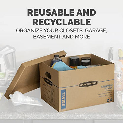 Bankers Box Small Classic Moving Box 15 Pack, Reinforced Handles, Tape-Free Assembly, Box with Lid, 15-in x 12-in x 10-in (7714209) - size: 15 Pack